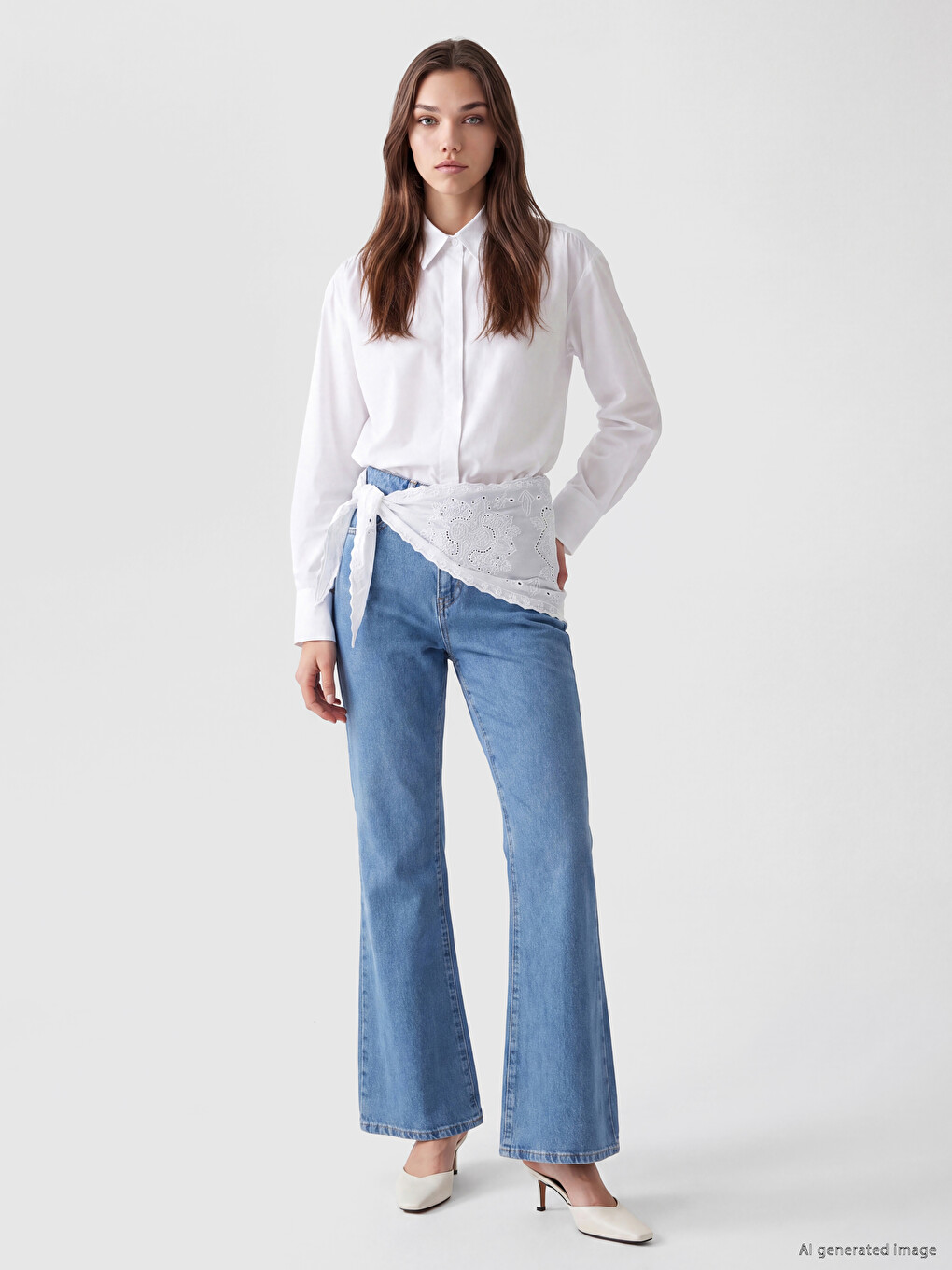 İndigo Beli Fularlı Flare Kadın Jean Pantolon
