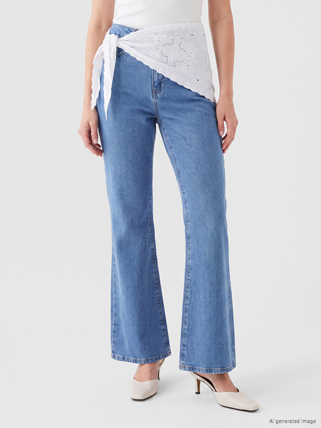İndigo Beli Fularlı Flare Kadın Jean Pantolon-1