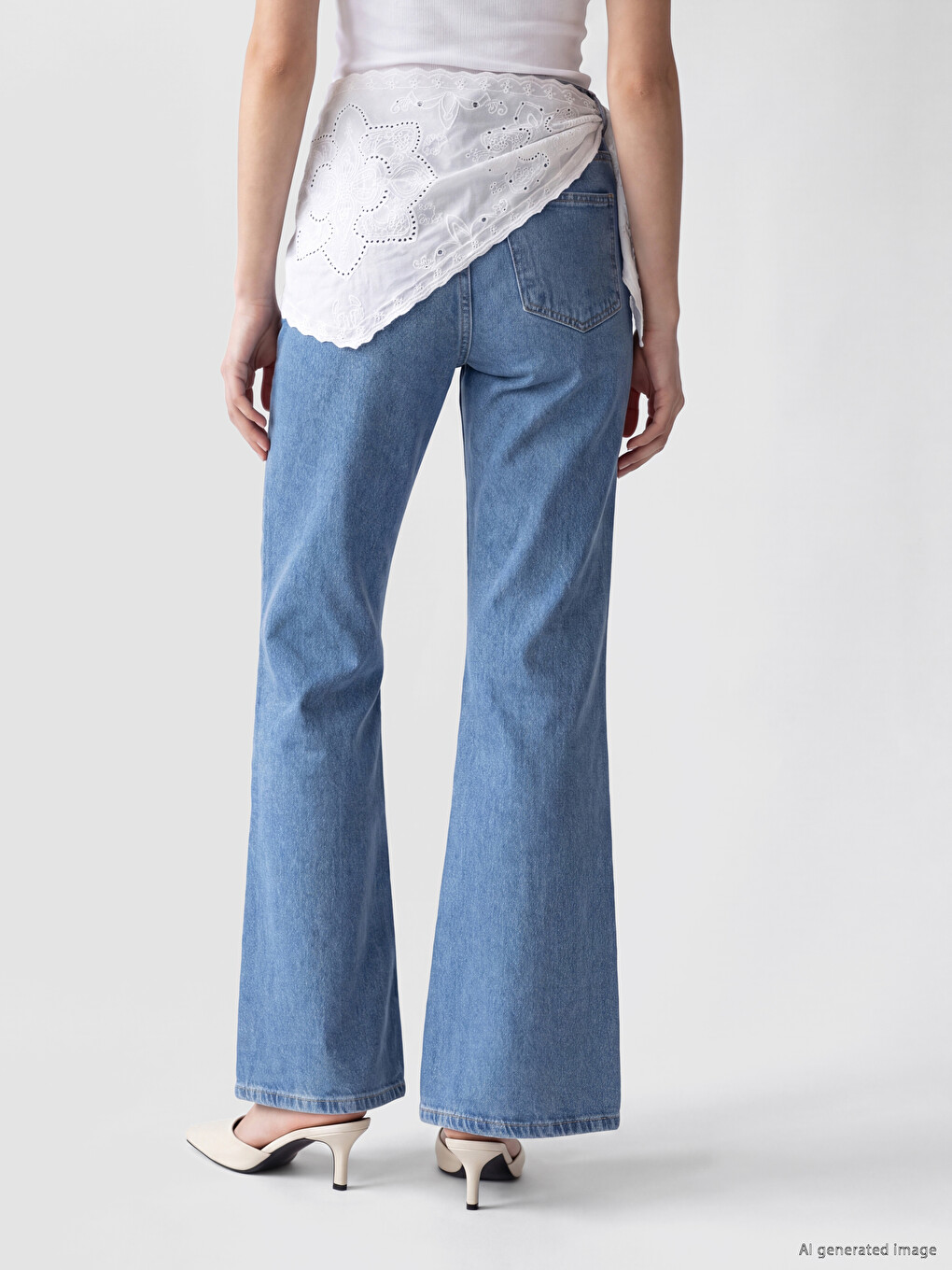 İndigo Beli Fularlı Flare Kadın Jean Pantolon-3
