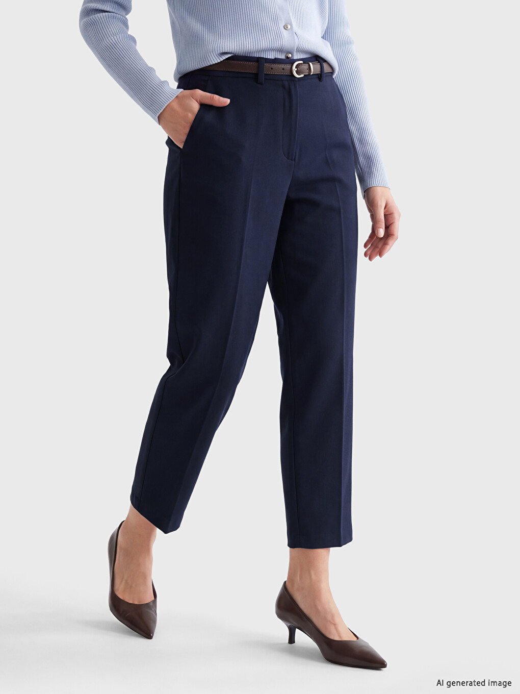 Lacivert Beli Kemerli Kadın Kumaş Pantolon-1
