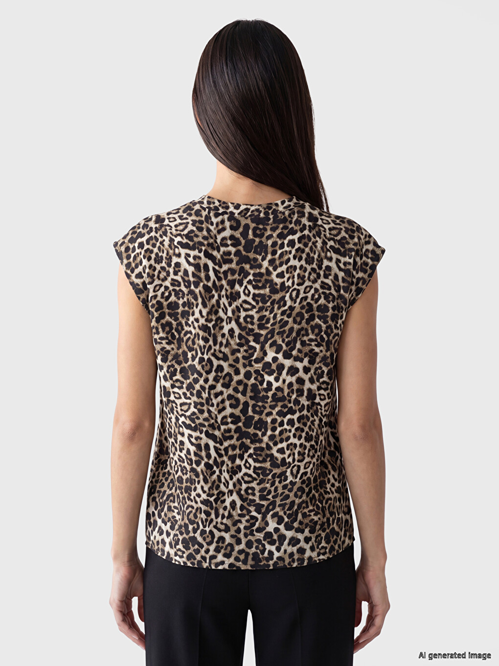 Kahverengi Kaçık Yaka Leopar Desenli Bluz-3