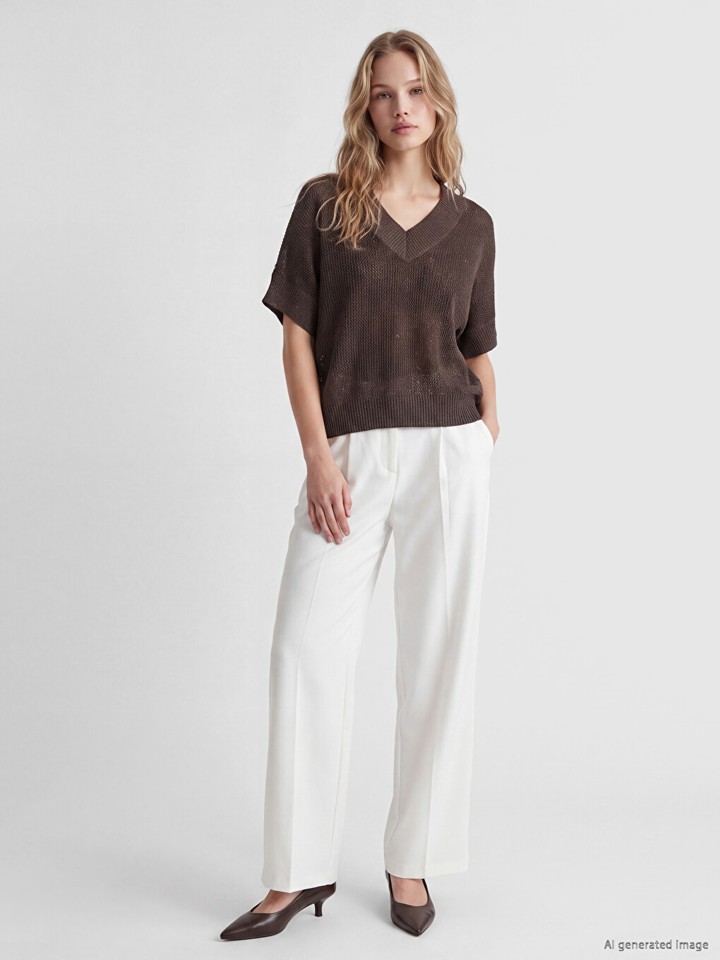 V Neck Open-knit Women's Knitwear Sweater-1