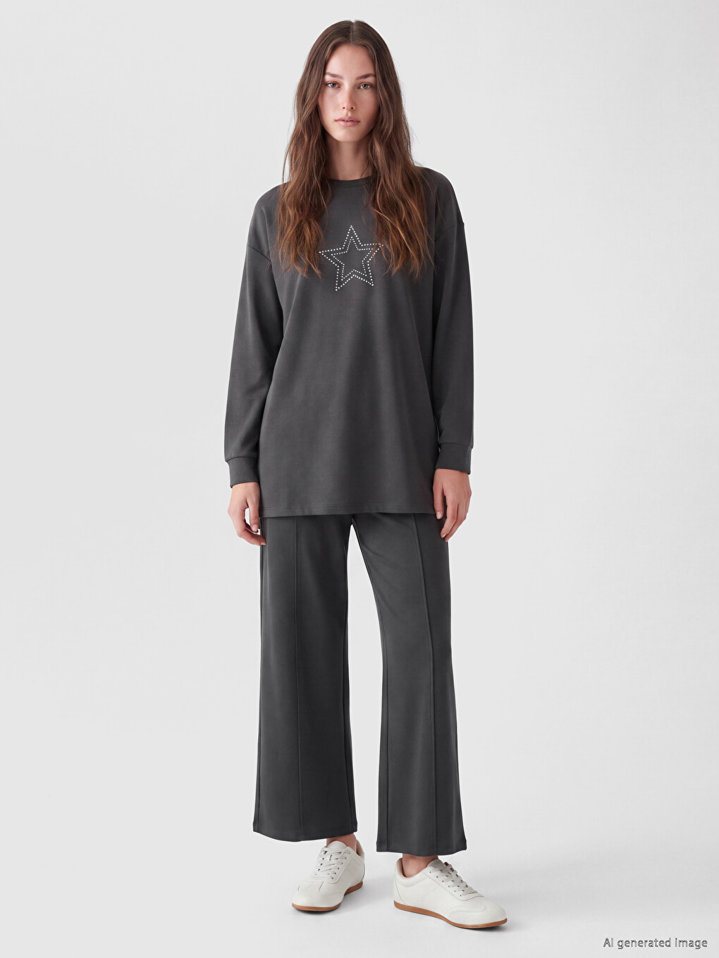 Antrasit Taşlı Soft Touch Kadın Sweatshirt Tunik-1