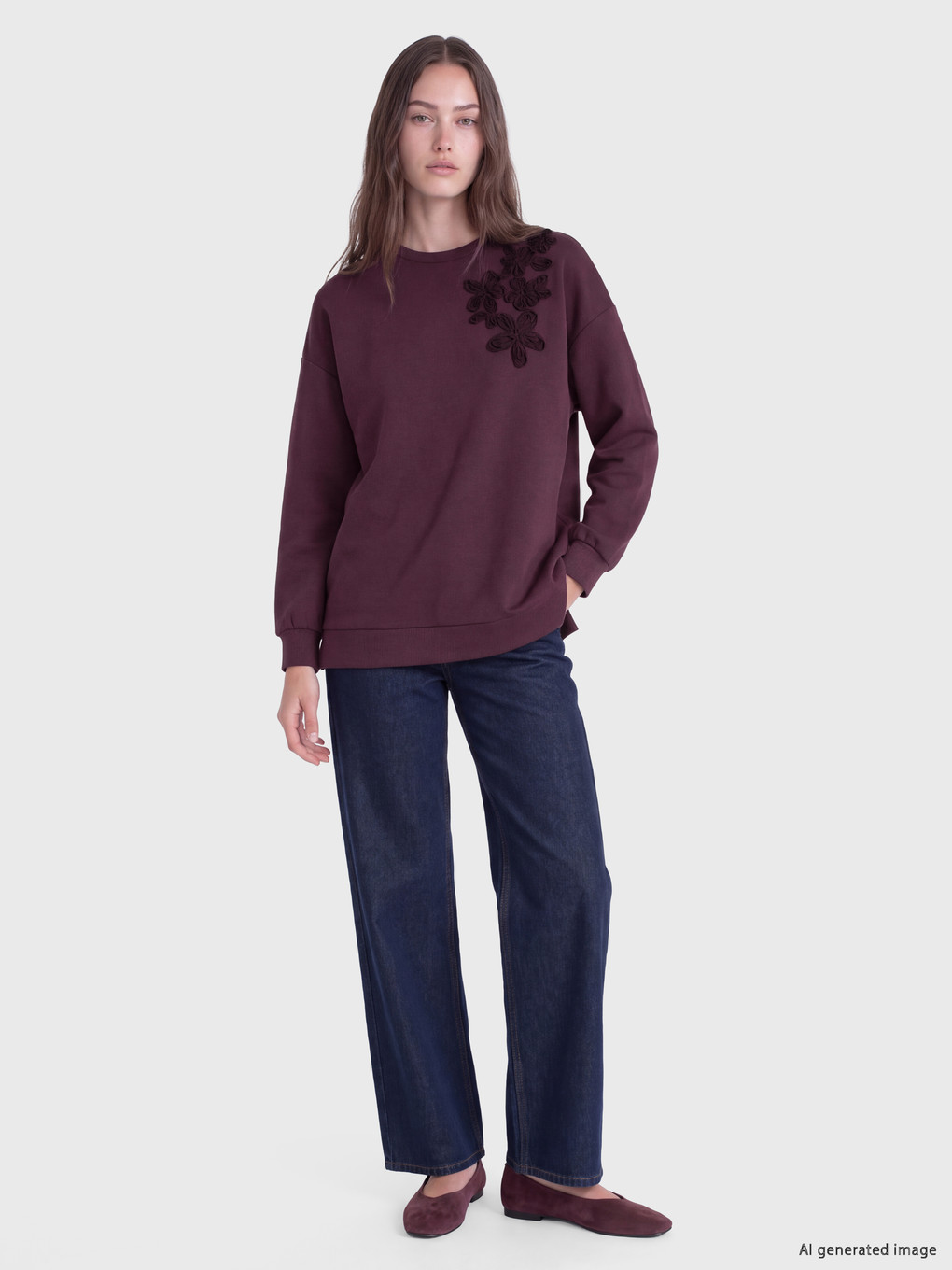 Mürdüm Nakışlı Soft Touch Kadın Sweatshirt Tunik-1