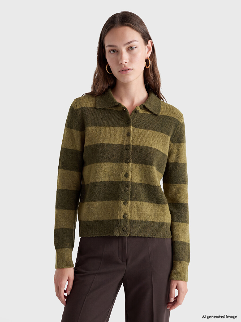 Polo Collar Striped Women's Knitwear Cardigan