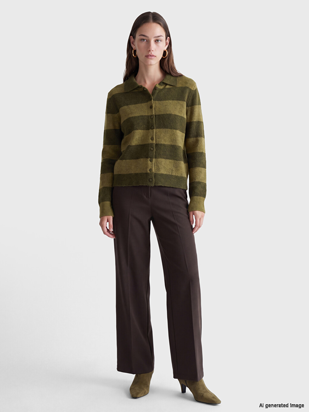 Polo Collar Striped Women's Knitwear Cardigan-1
