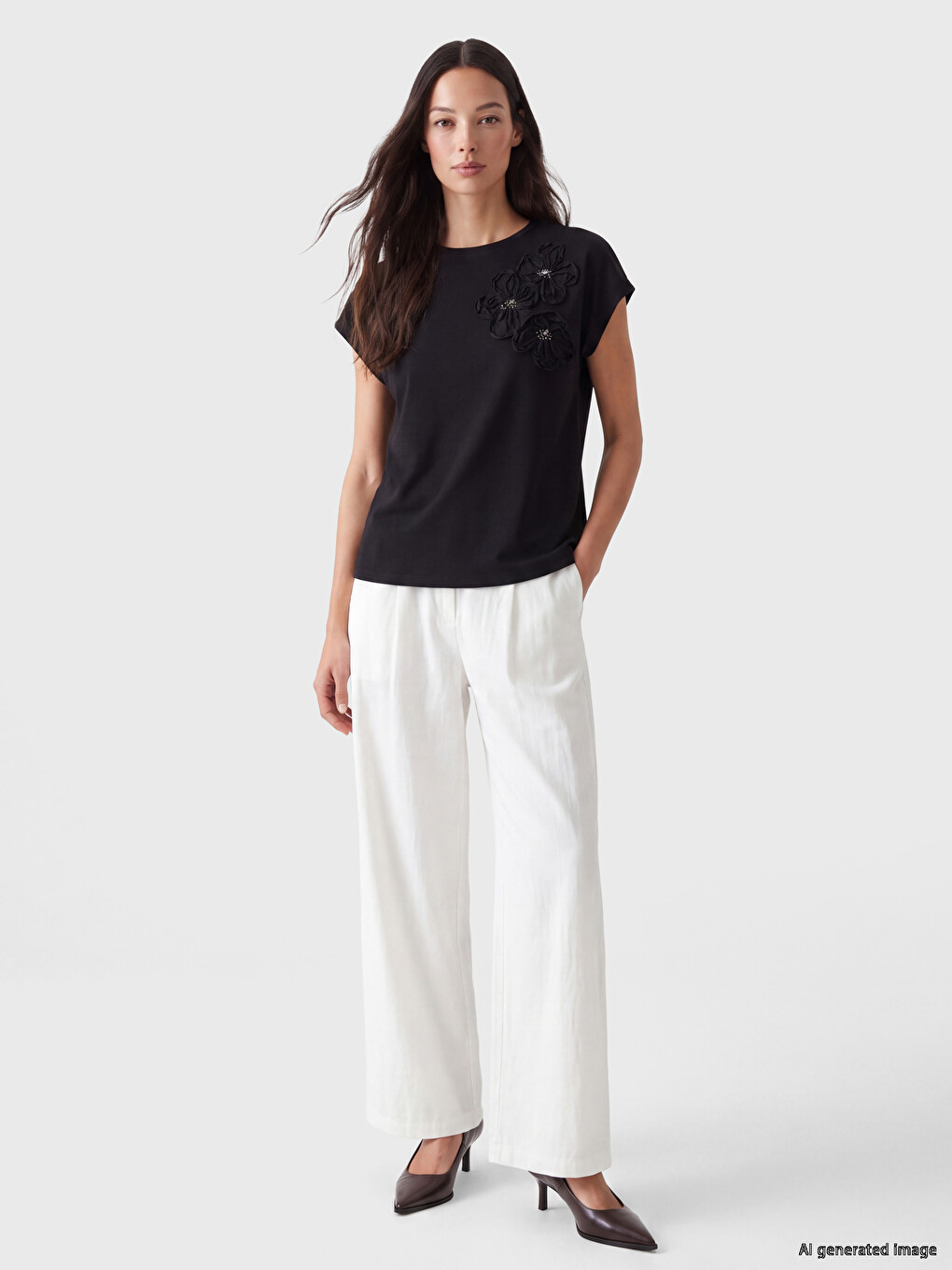 Crew Neck Flower Embellished Blouse-1
