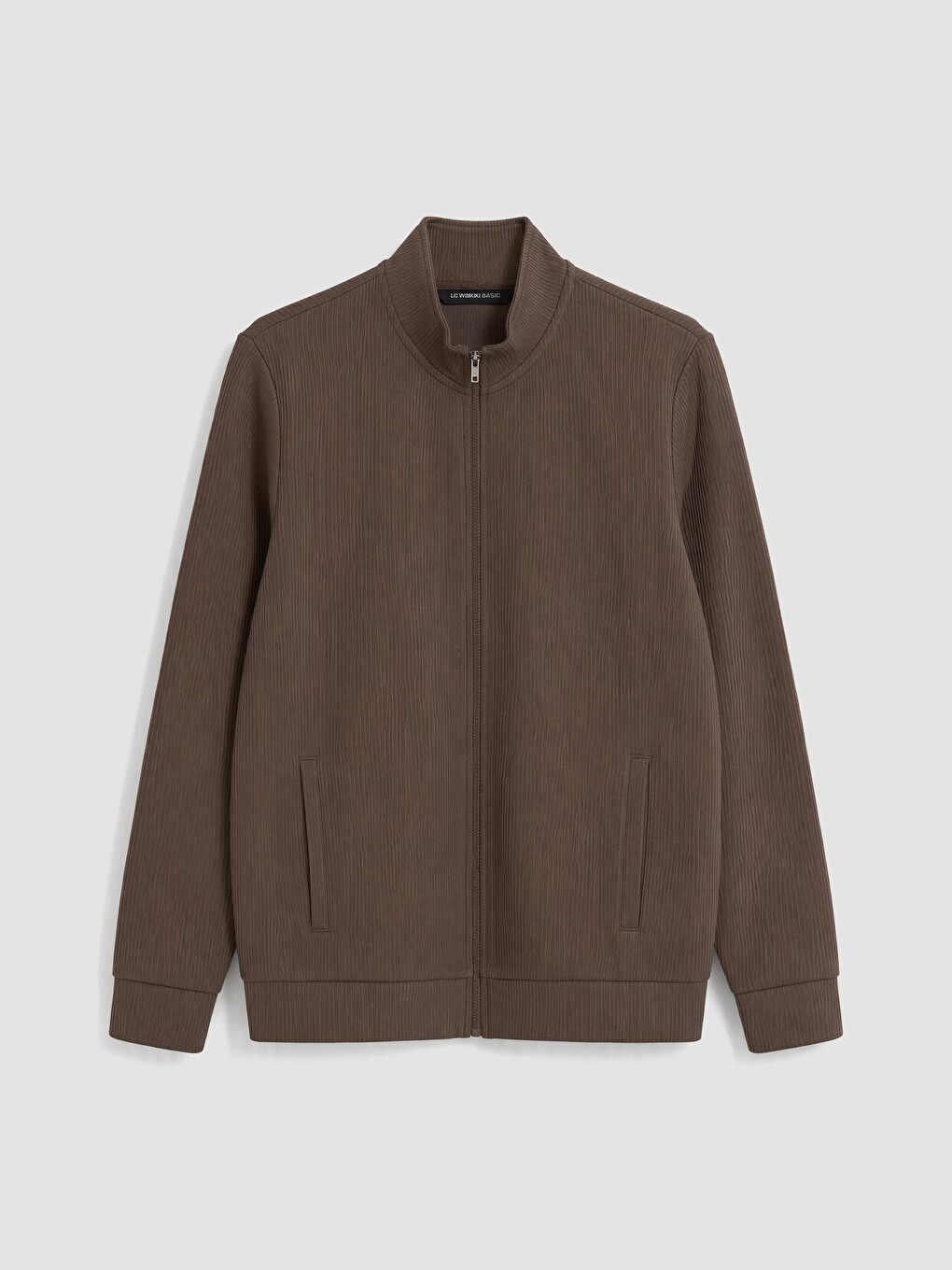 Kahverengi Dik Yaka Erkek Fermuarlı Sweatshirt