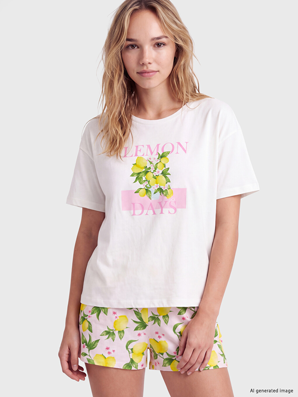 Pembe Limon Baskılı Kadın Şortlu Pijama Takımı