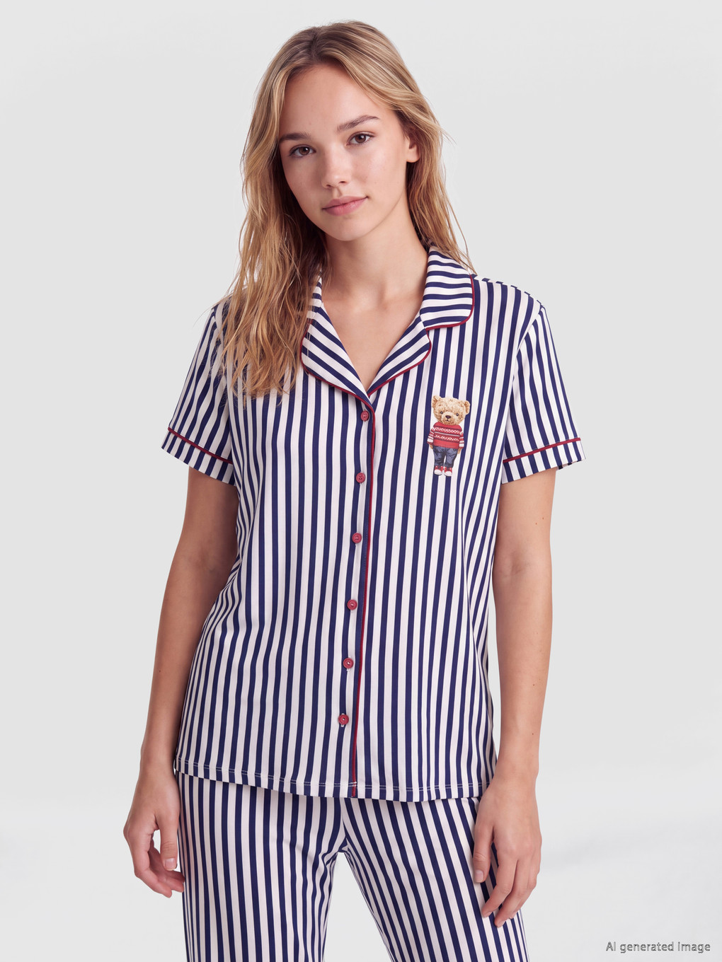 Lacivert Ayı Teddy Baskılı Kadın Pijama Takım-1