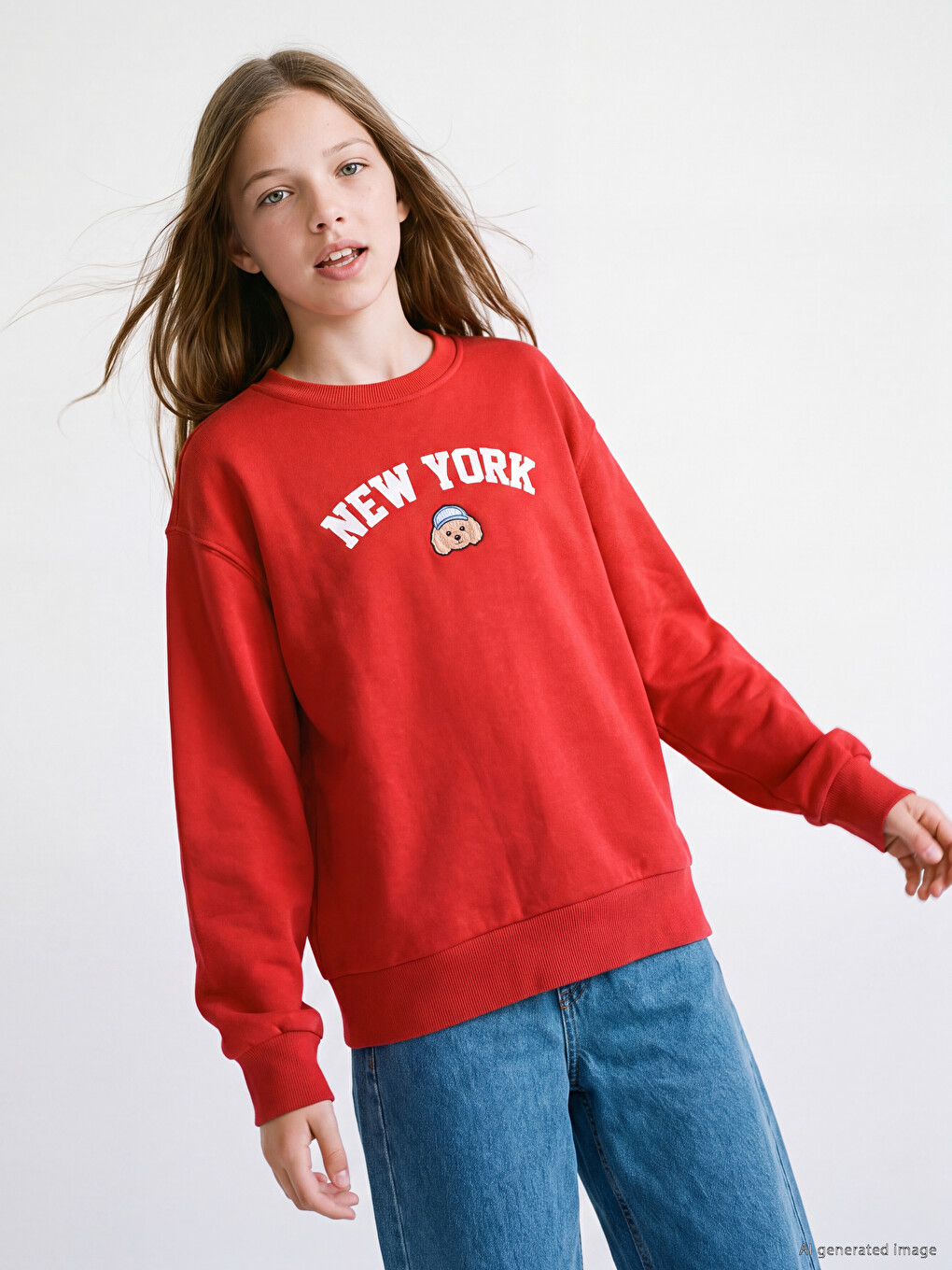 Kırmızı New York Baskılı Kız Çocuk Sweatshirt