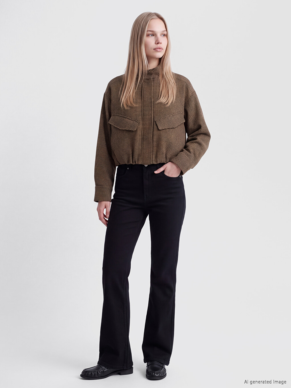 Mock Neck Houndstooth Patterned Women's Jacket-1