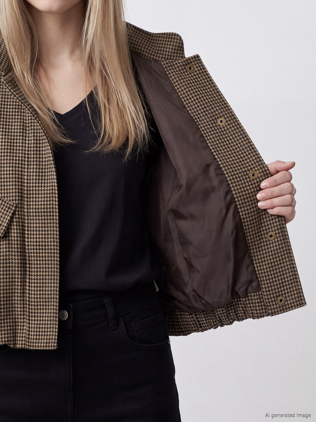 Mock Neck Houndstooth Patterned Women's Jacket-3