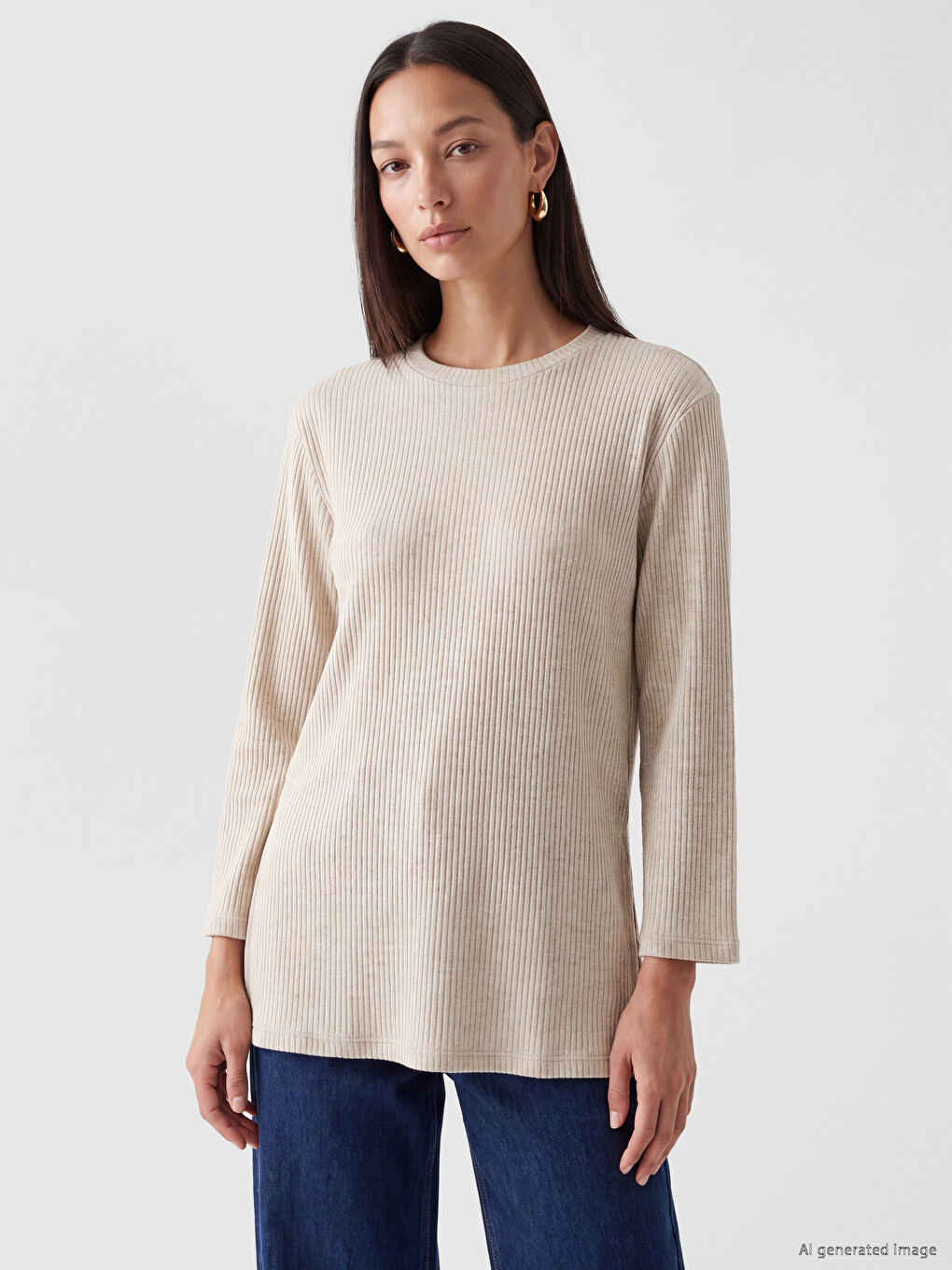 Bej Bisiklet Yaka Oversize Kadın Tunik