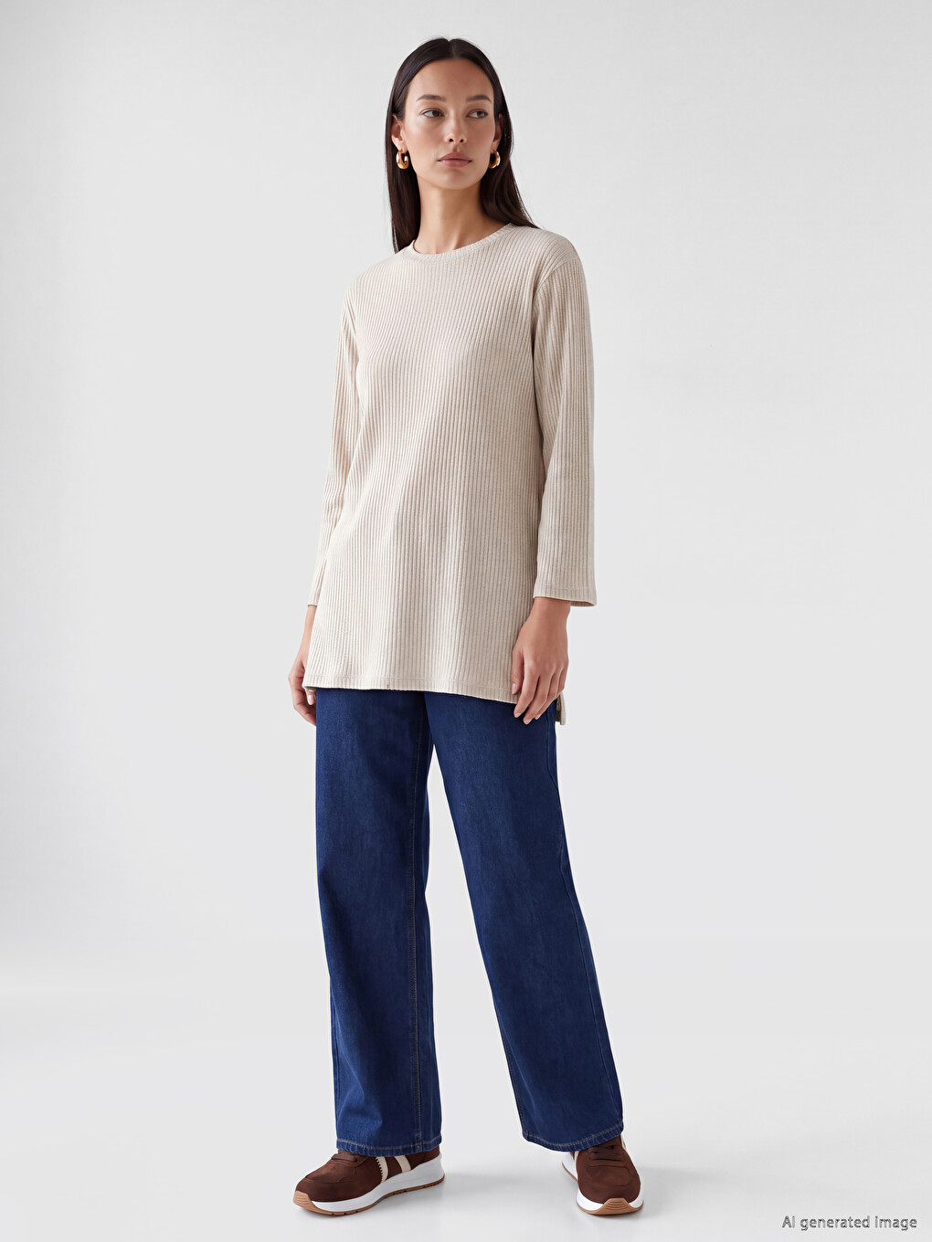 Bej Bisiklet Yaka Oversize Kadın Tunik-1