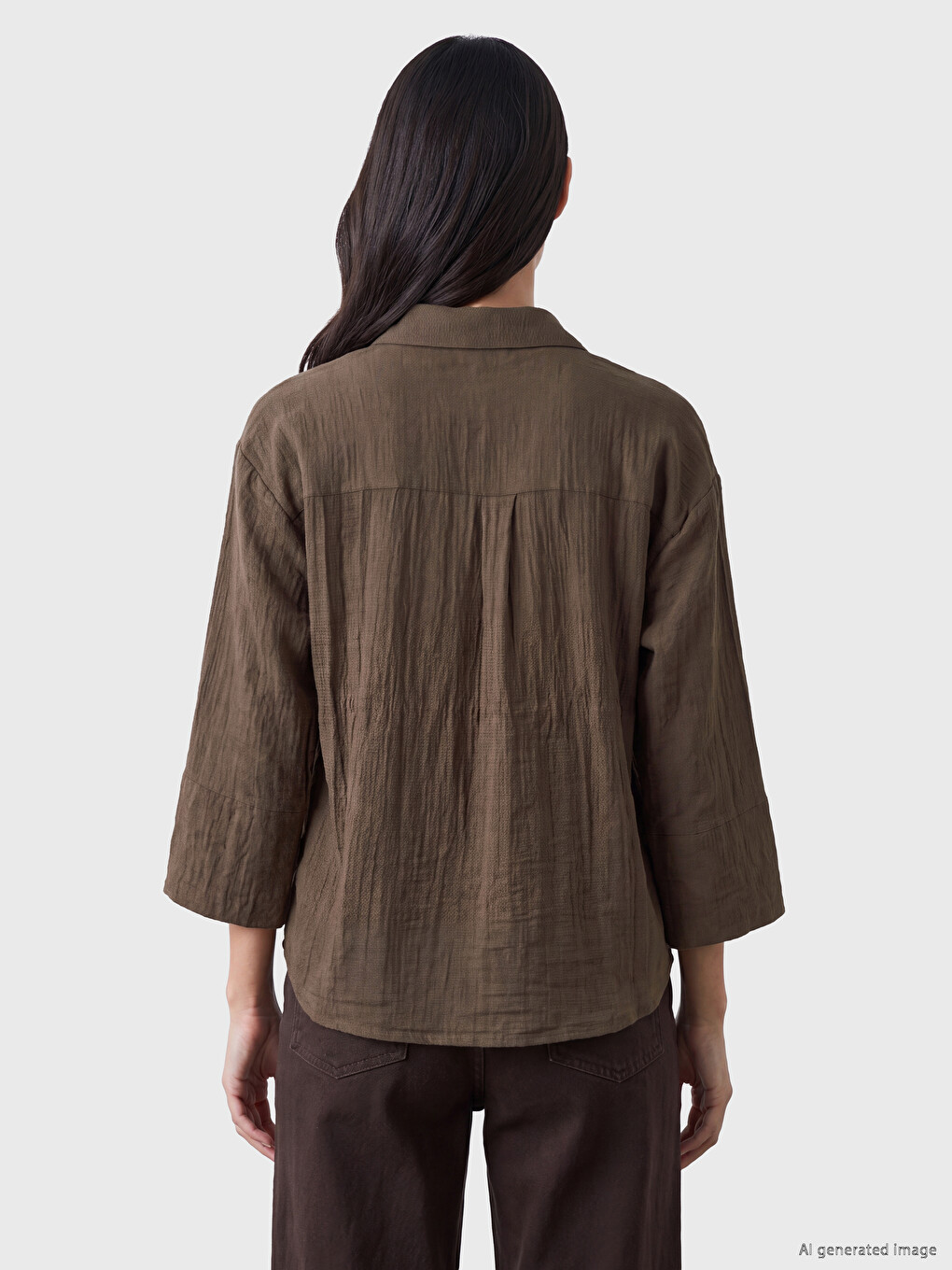 Kahverengi Beli Bağcıklı Oversize Kadın Gömlek-3
