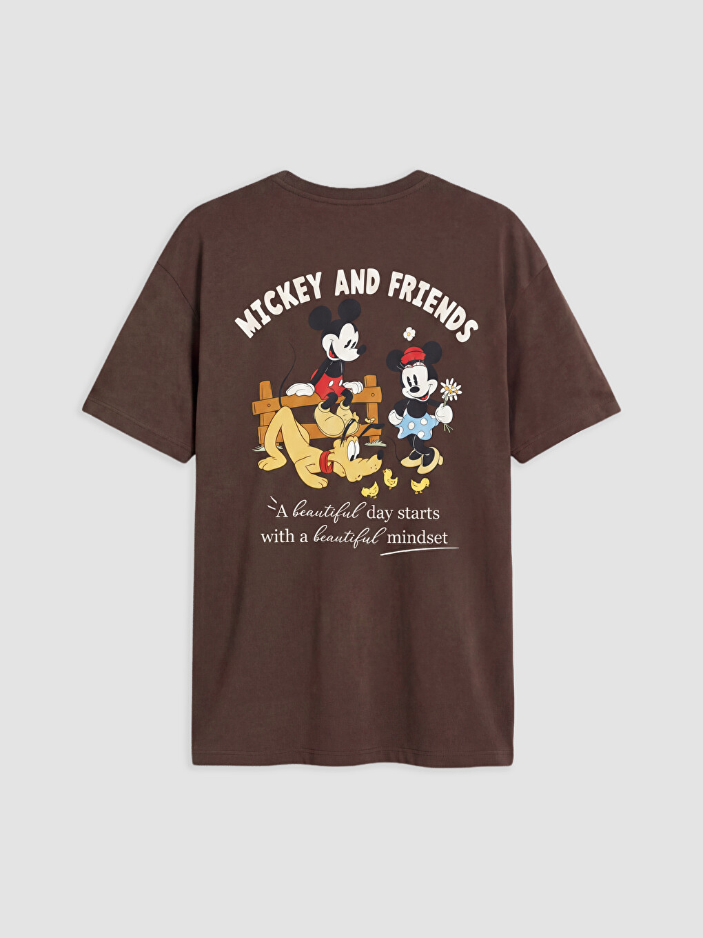 Kahverengi Mickey Mouse Baskılı %100 Pamuklu Kadın Tişört-1