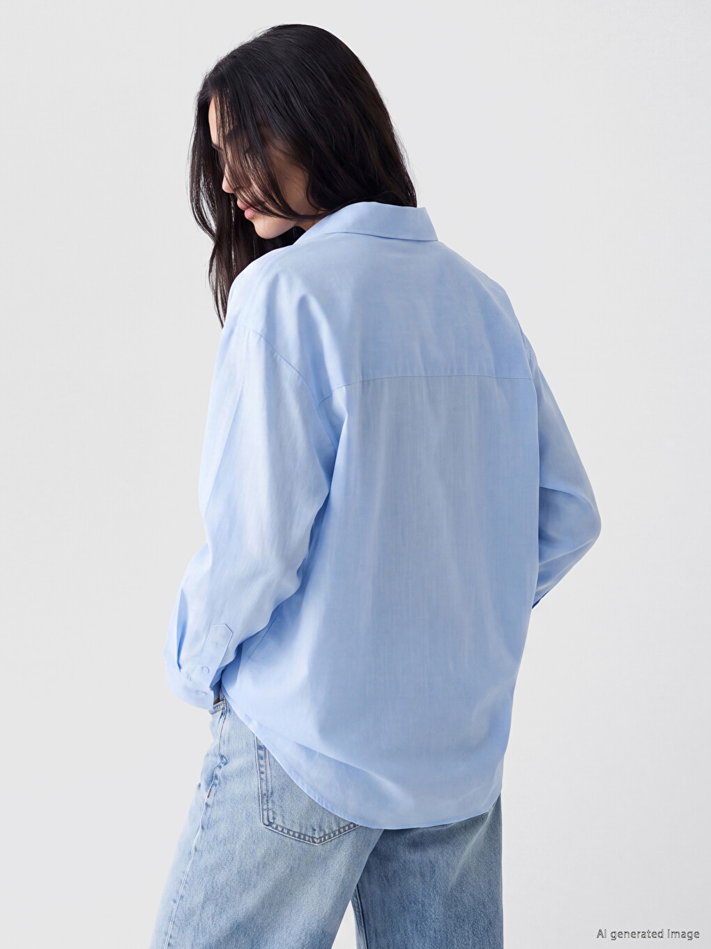 Mavi Oversize Poplin Kadın Gömlek-3