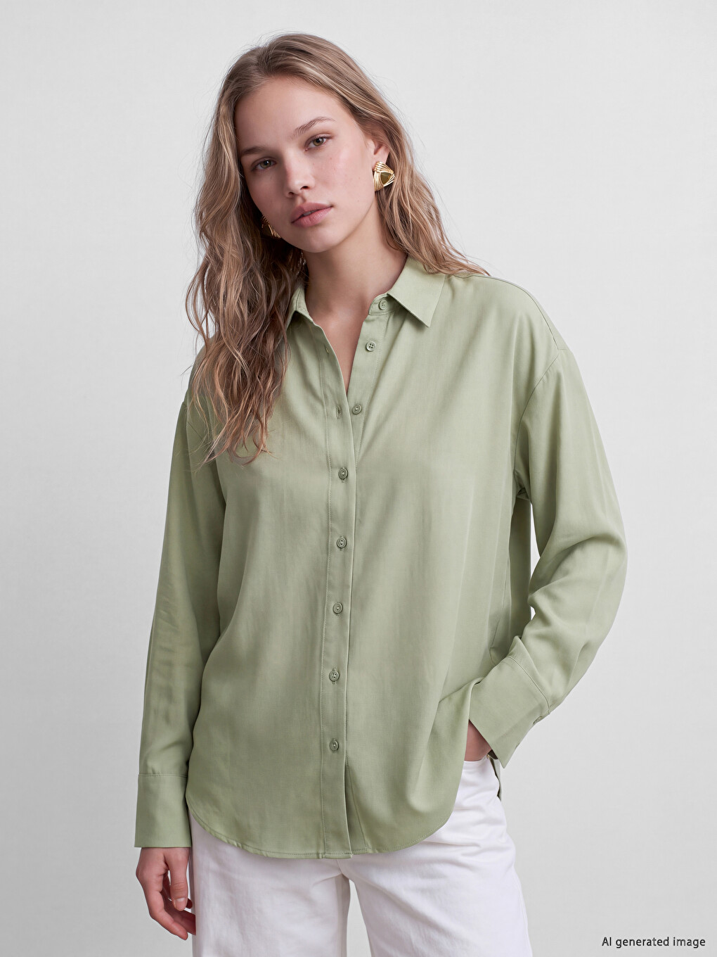 Haki Oversize Poplin Kadın Gömlek