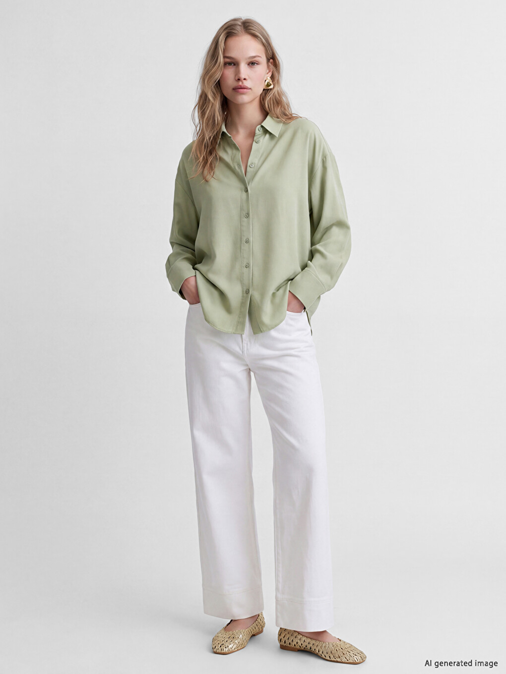 Haki Oversize Poplin Kadın Gömlek-1