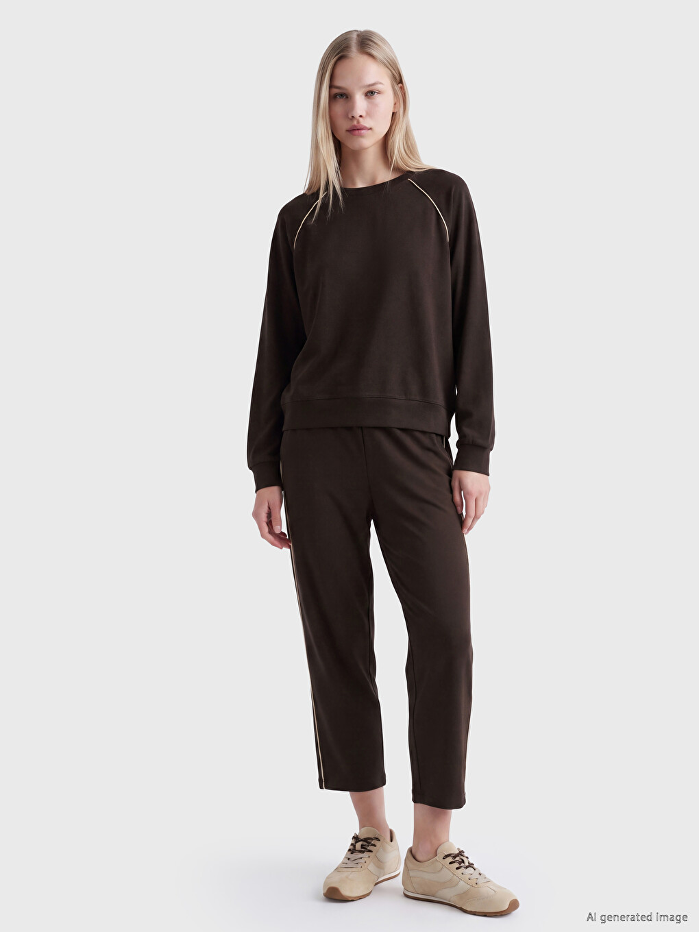 Kahverengi Bisiklet Yaka Kadın Sweatshirt-1