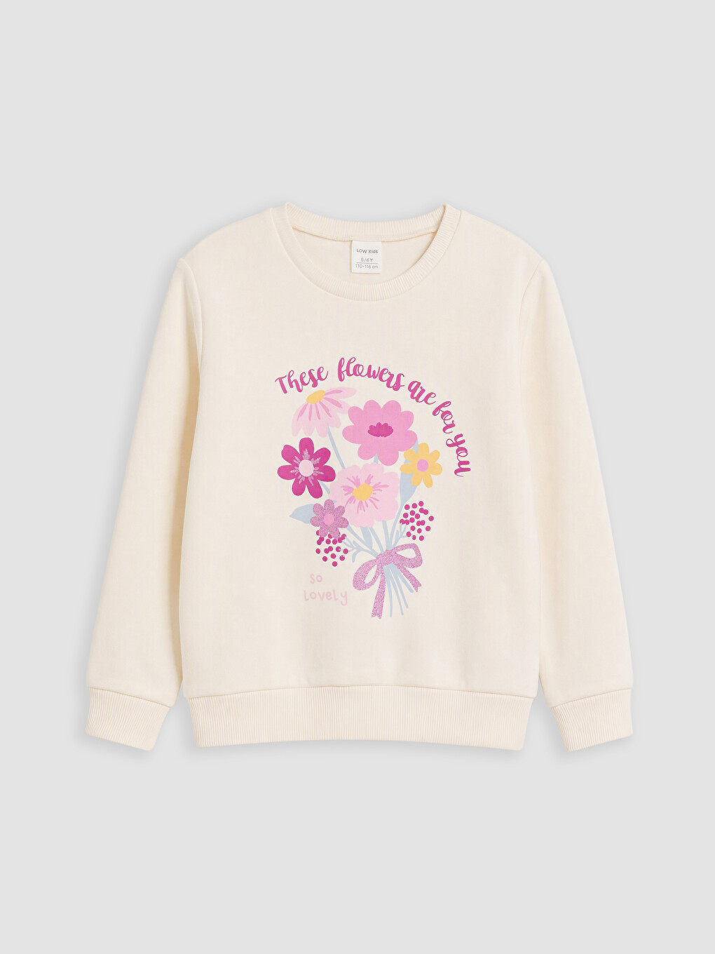 Ekru Bisiklet Yaka Baskılı Kız Sweatshirt