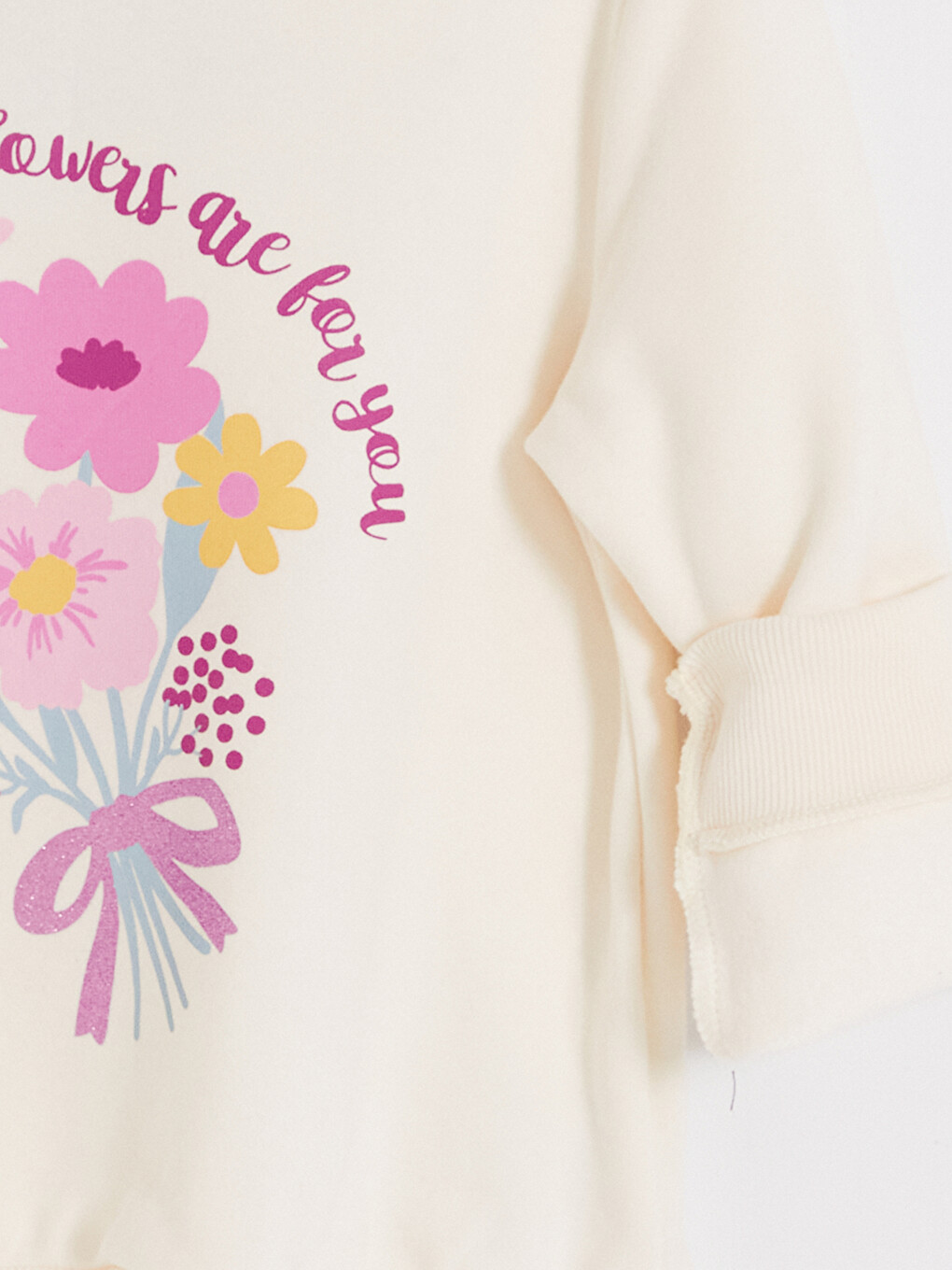 Ekru Bisiklet Yaka Baskılı Kız Sweatshirt-1