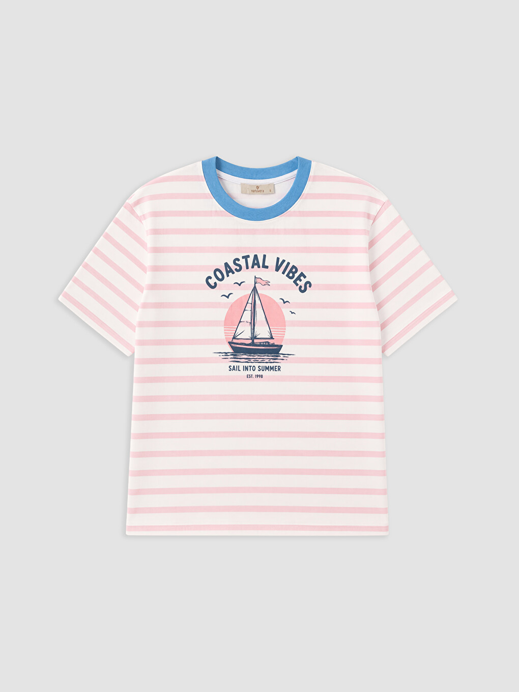 Pembe Bisiklet Yaka Çizgili %100 Pamuklu Kadın Tişört