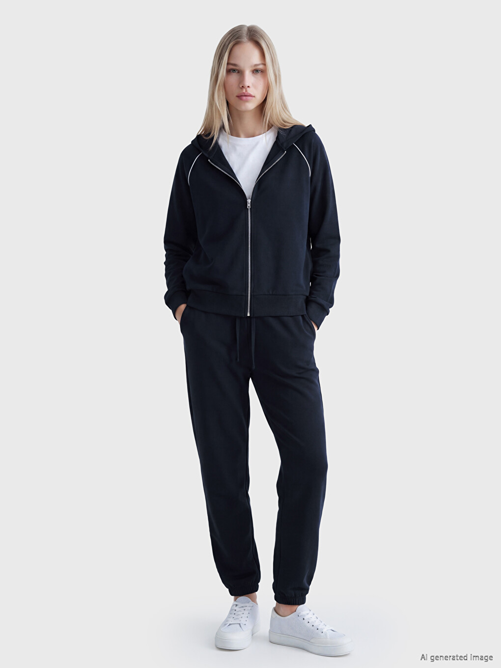 Lacivert Kapüşonlu Kadın Fermuarlı Sweatshirt