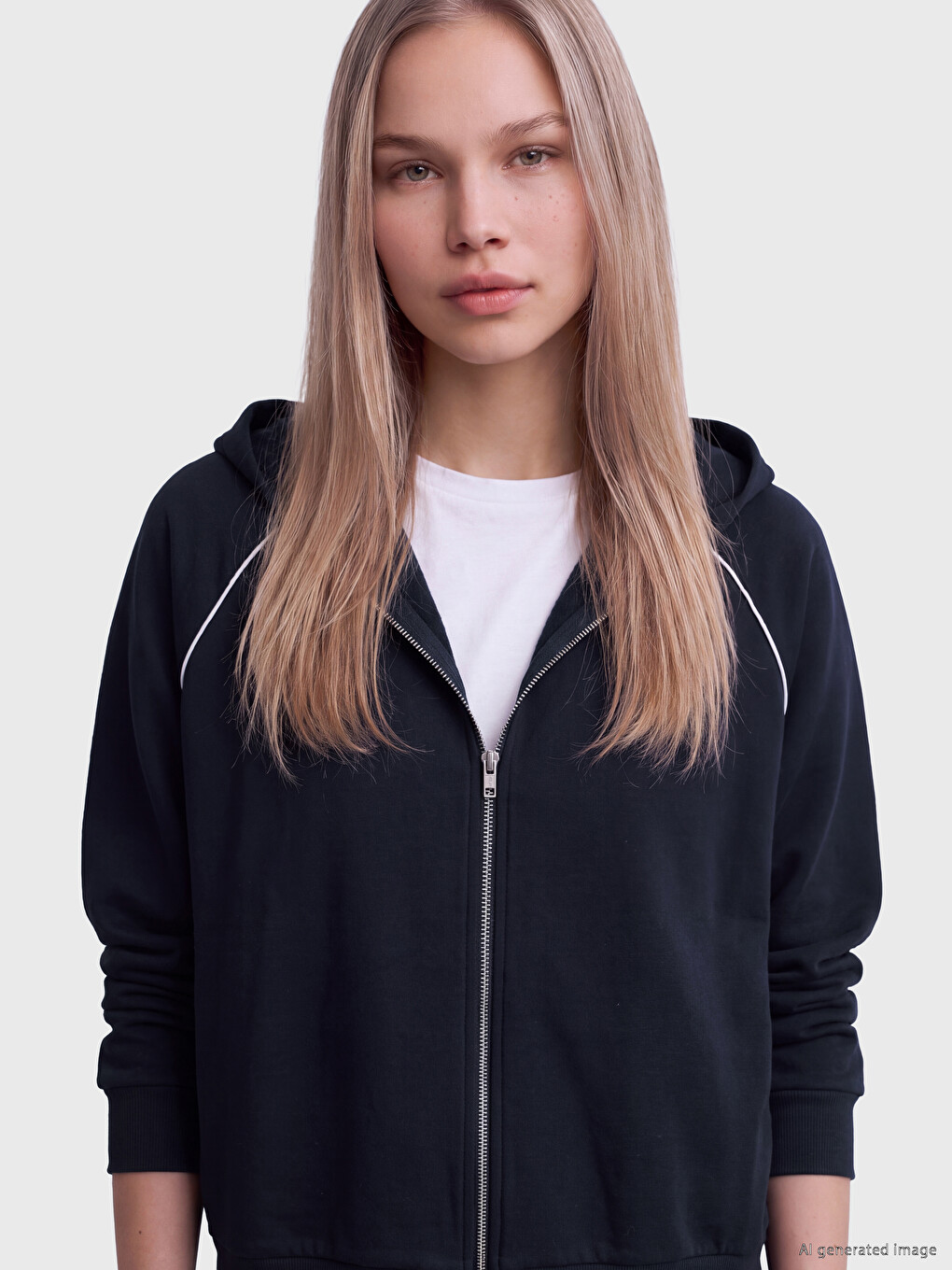 Lacivert Kapüşonlu Kadın Fermuarlı Sweatshirt-1
