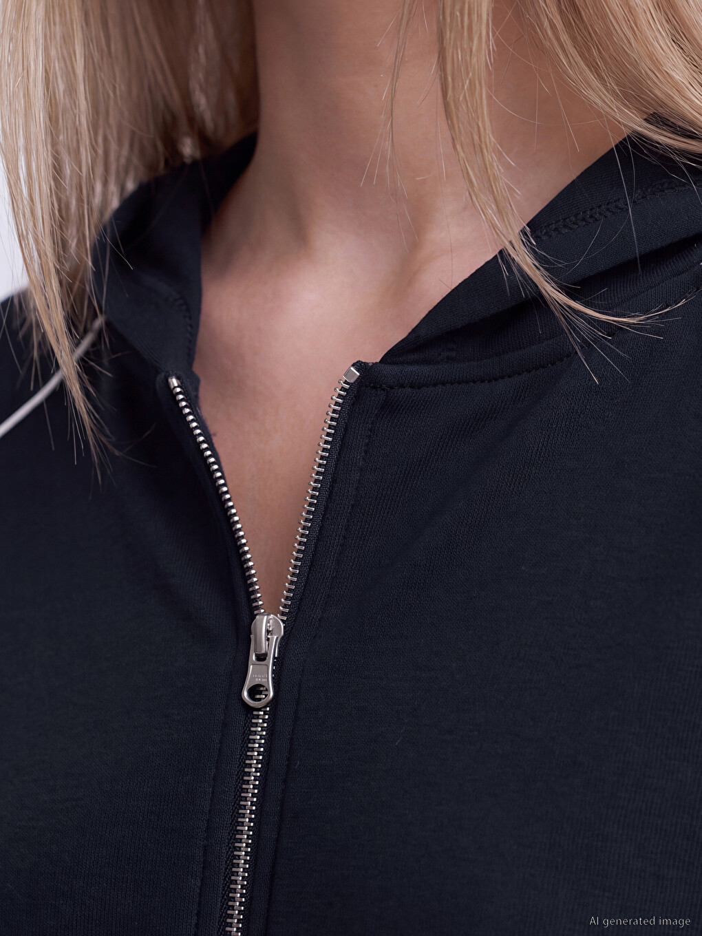 Lacivert Kapüşonlu Kadın Fermuarlı Sweatshirt-2