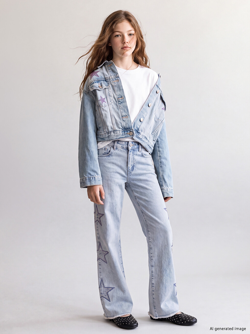 Wideleg Rhinestone Embellished Girls' Jeans-1