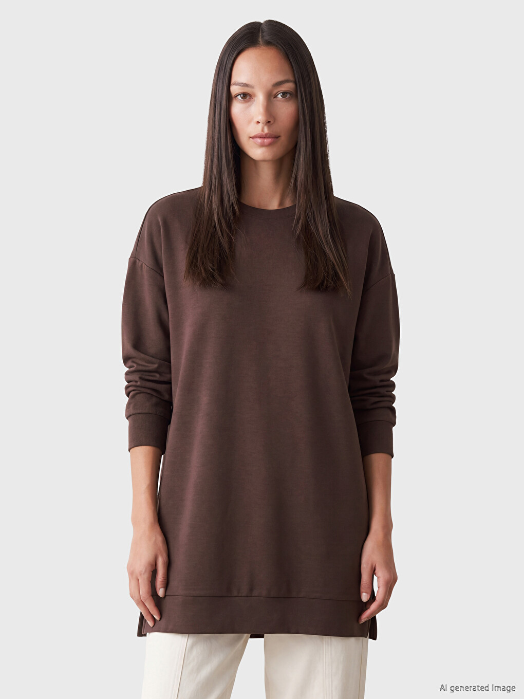 Kahverengi Soft Touch Kadın Sweatshirt Tunik-1