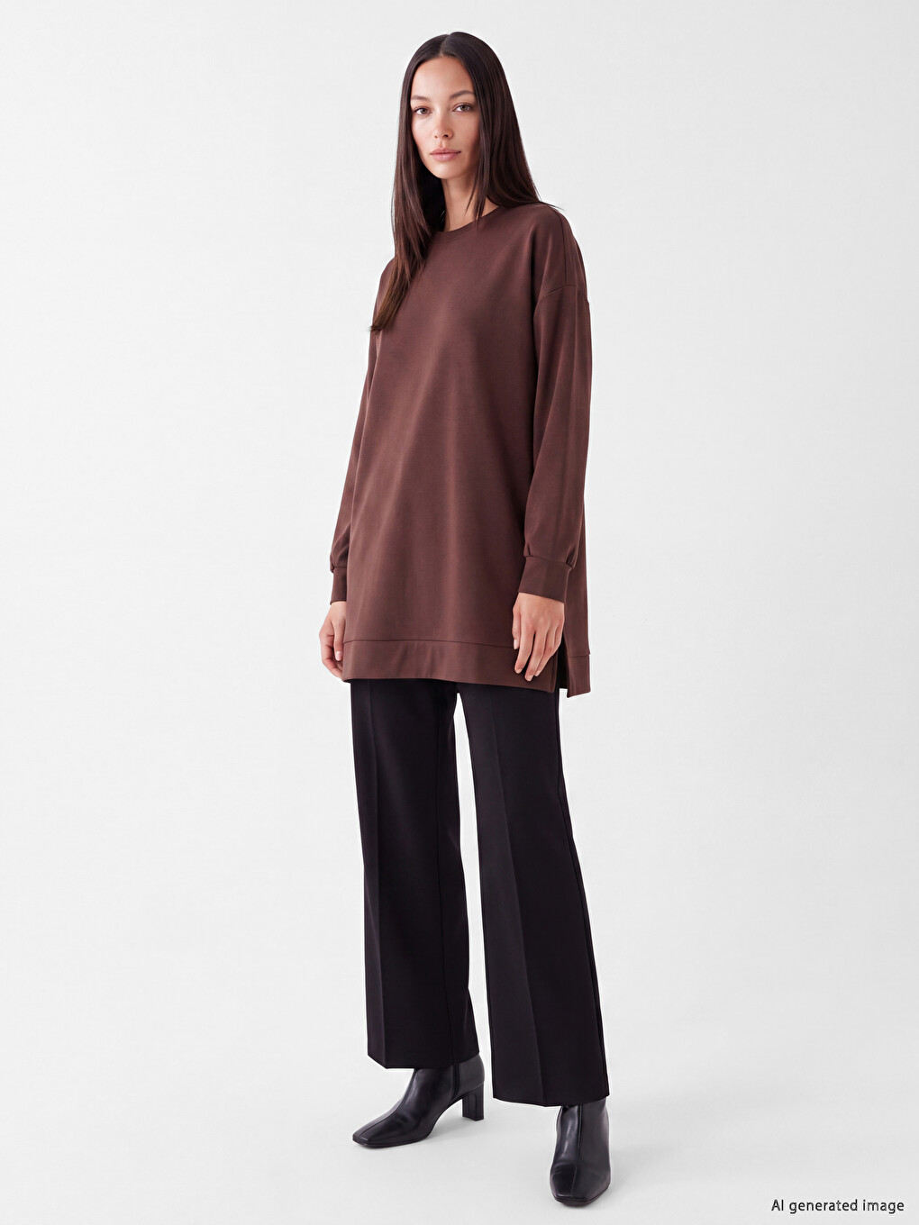 Kahverengi Soft Touch Kadın Sweatshirt Tunik-1
