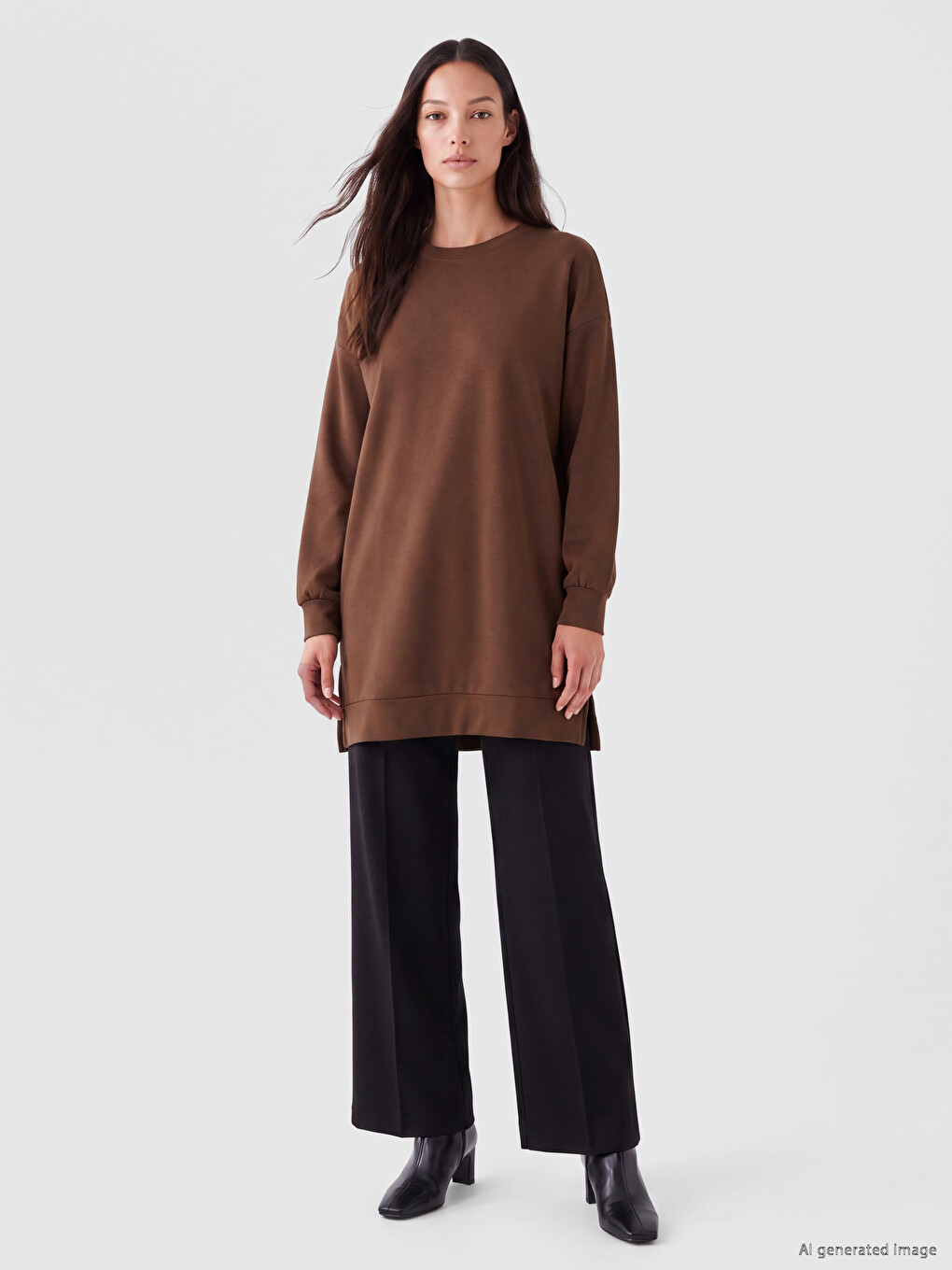 Kahverengi Soft Touch Kadın Sweatshirt Tunik-1