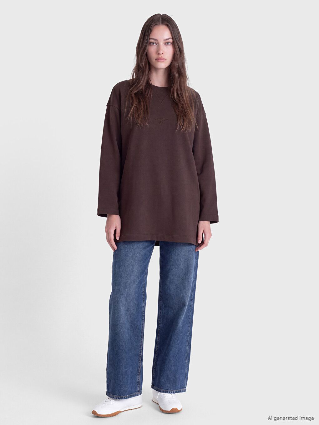 Kahverengi Bisiklet Yaka Nakışlı Sweatshirt Tunik-1