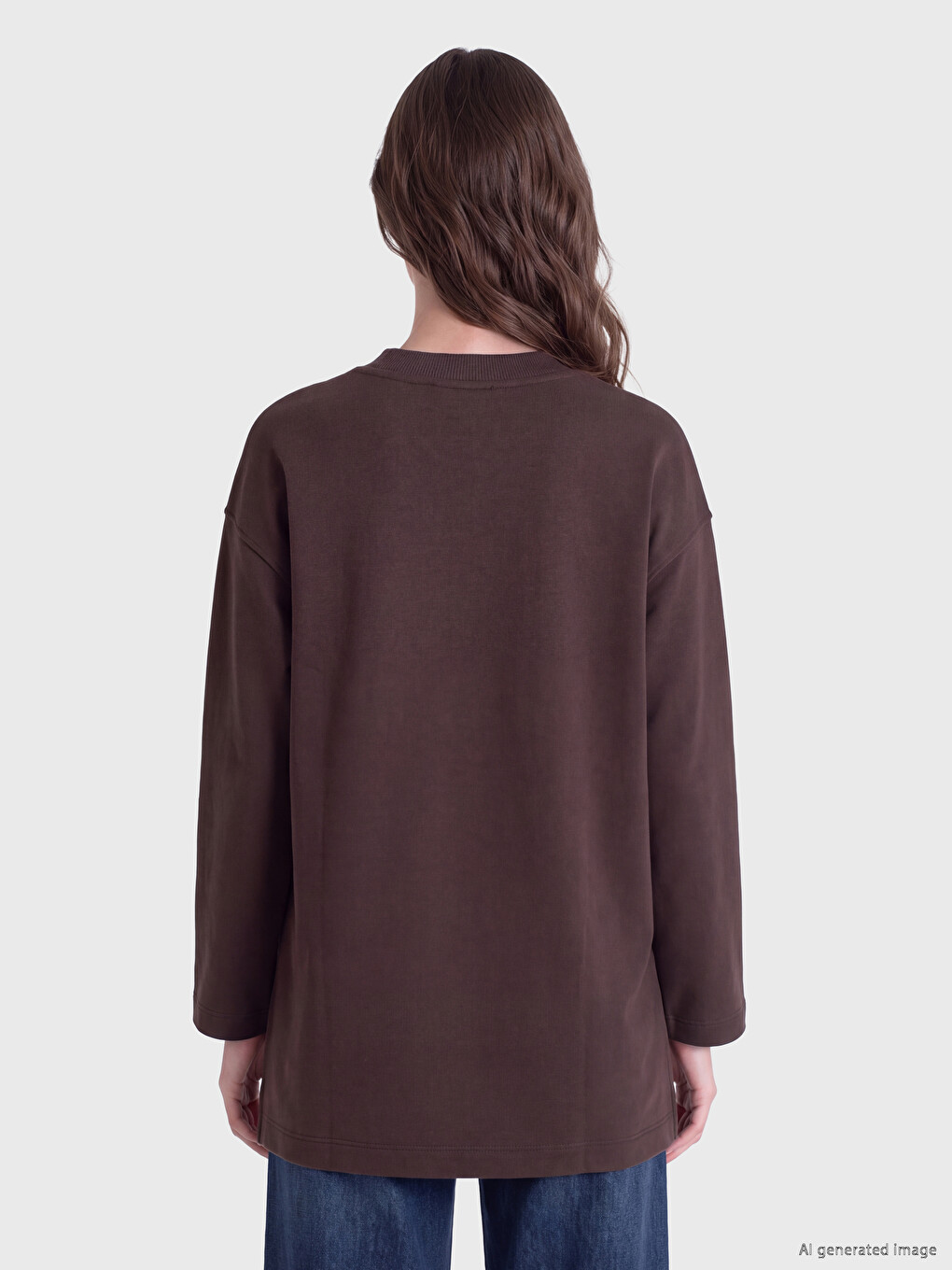 Kahverengi Bisiklet Yaka Nakışlı Sweatshirt Tunik-3