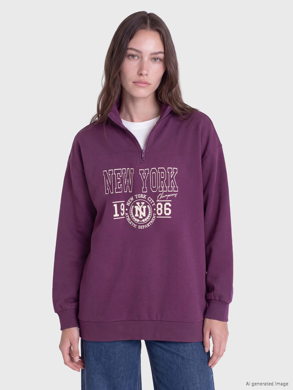 Mor Baskılı Kadın Kalın Sweatshirt Tunik