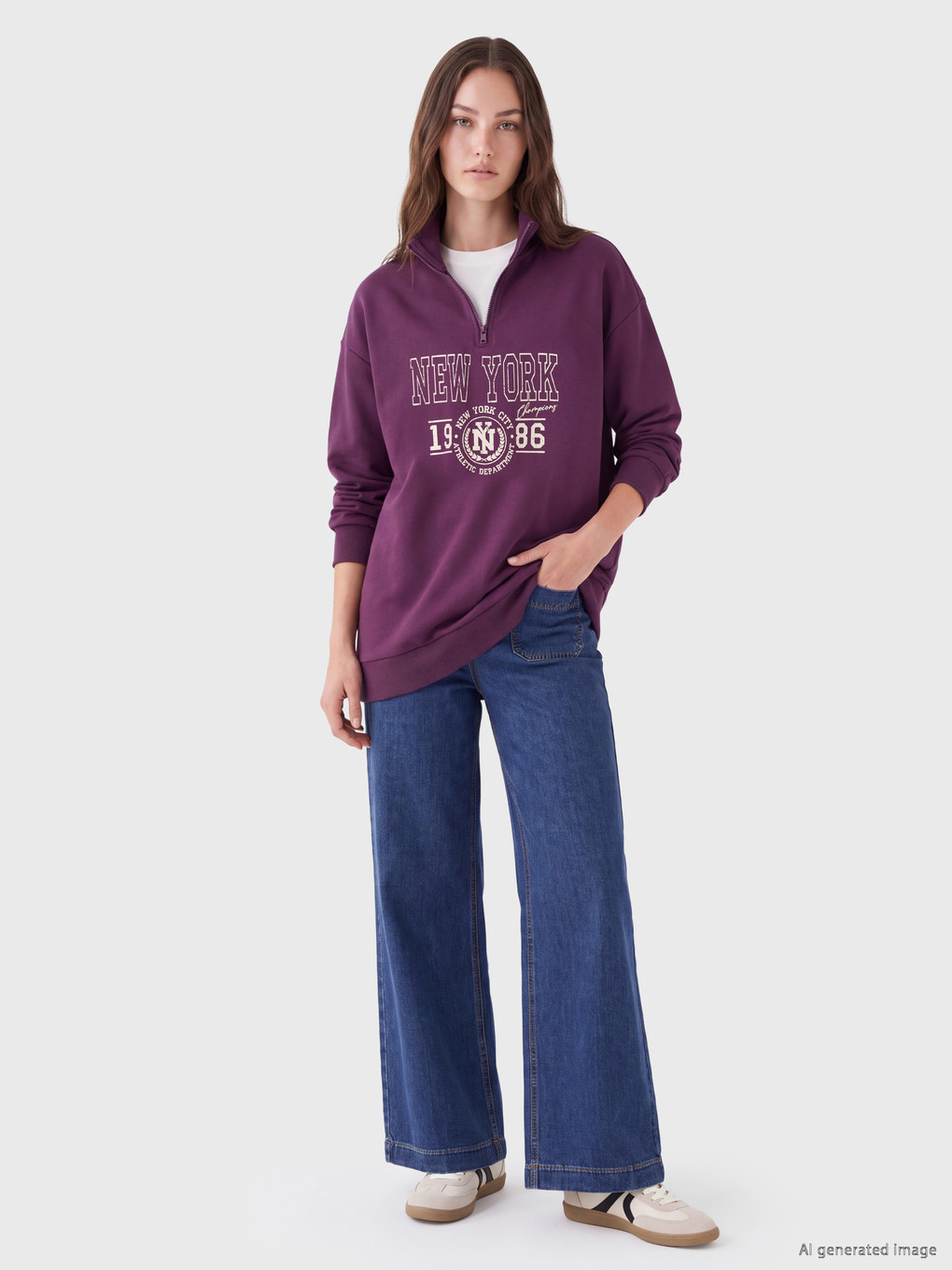 Mor Baskılı Kadın Kalın Sweatshirt Tunik-1