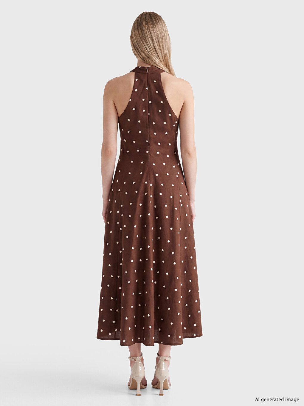Halter Neck Polka Dot Ruched A Form Dress-3