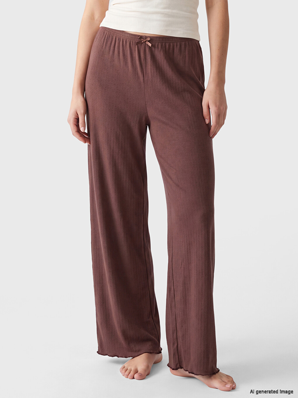 Kahverengi Geniş Paça Fitilli Kadın Pijama Altı-1
