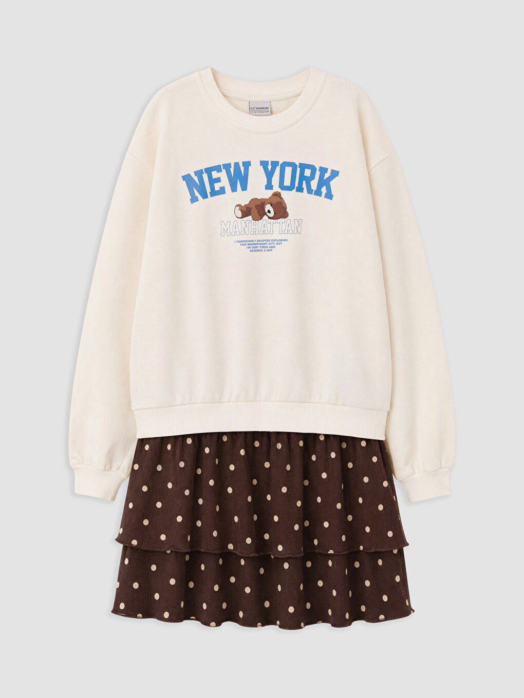 Ekru New York Baskılı Kız Çocuk Elbise