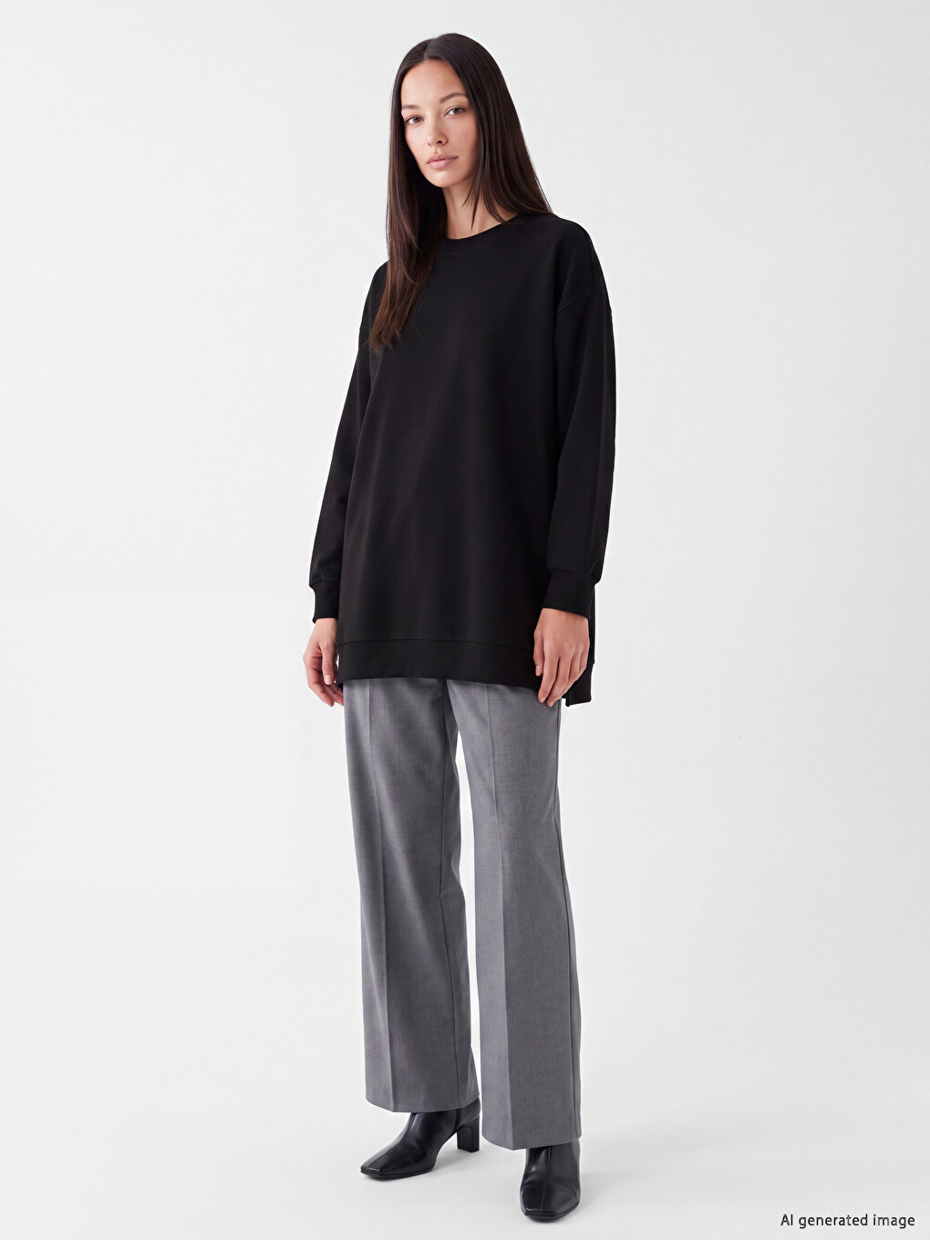 Siyah Kadın Kalın Sweatshirt Tunik-1