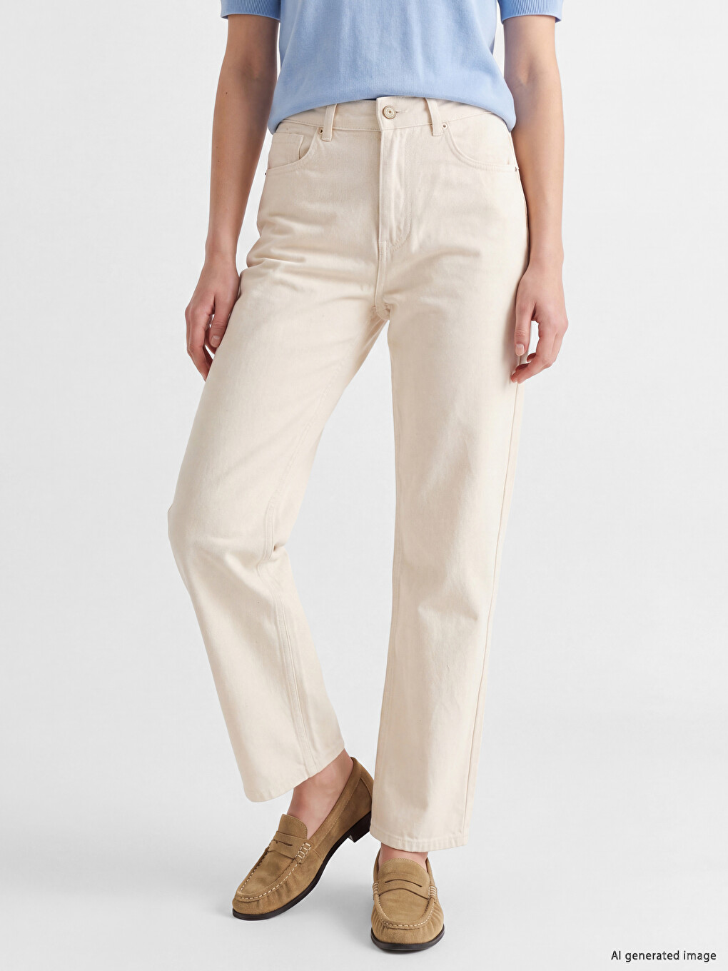 Ekru Straight Fit Kadın Jean Pantolon-1