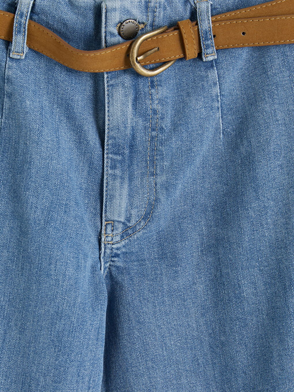 İndigo Beli Kemerli Wideleg Kadın Jean Pantolon-2