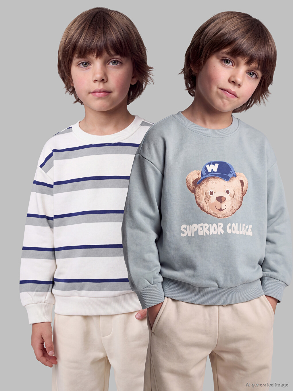 Yeşil Bisiklet Yaka Erkek Çocuk Sweatshirt 2'li-1