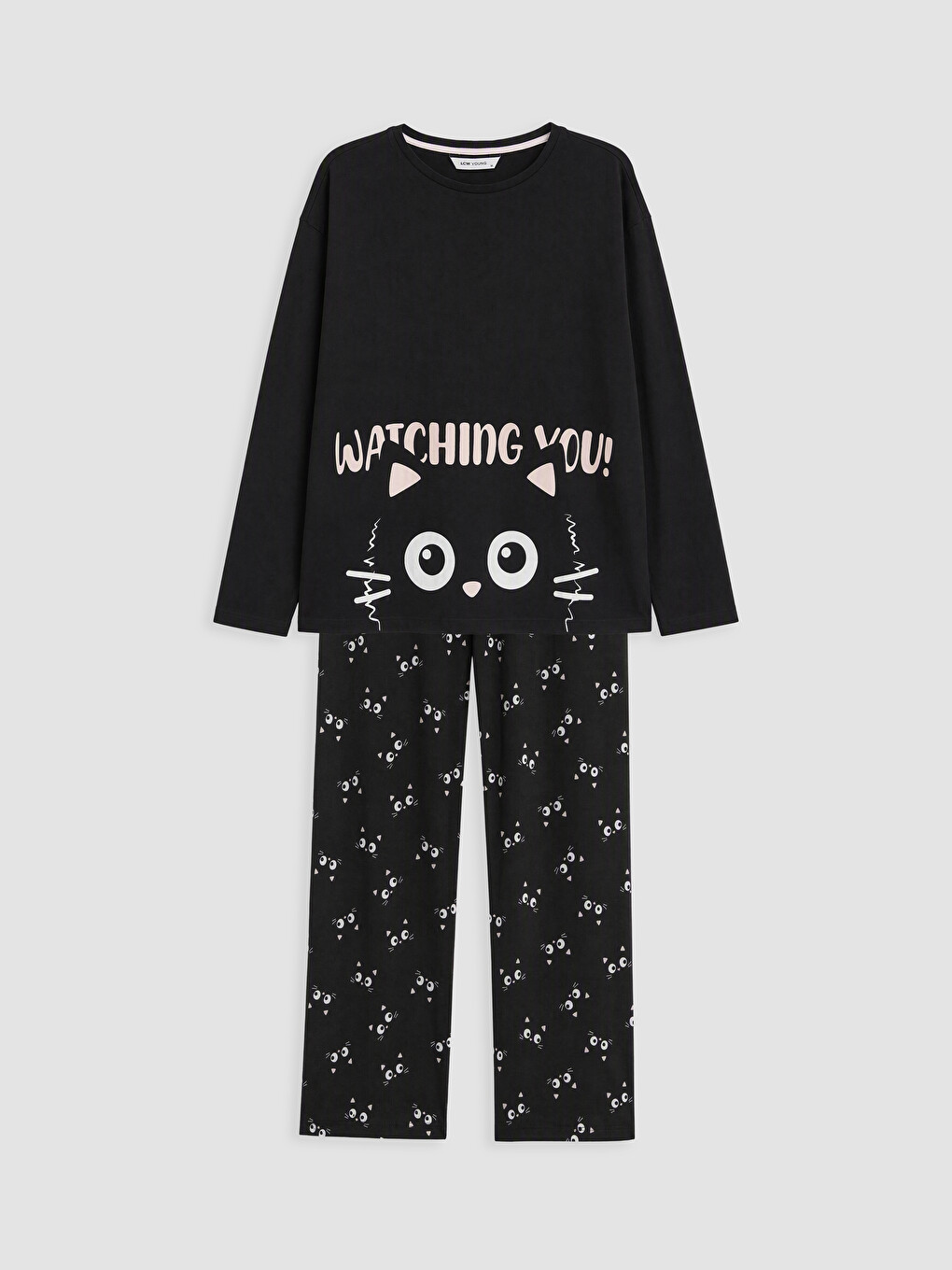 Siyah Bisiklet Yaka Baskılı Kadın Pijama Takım