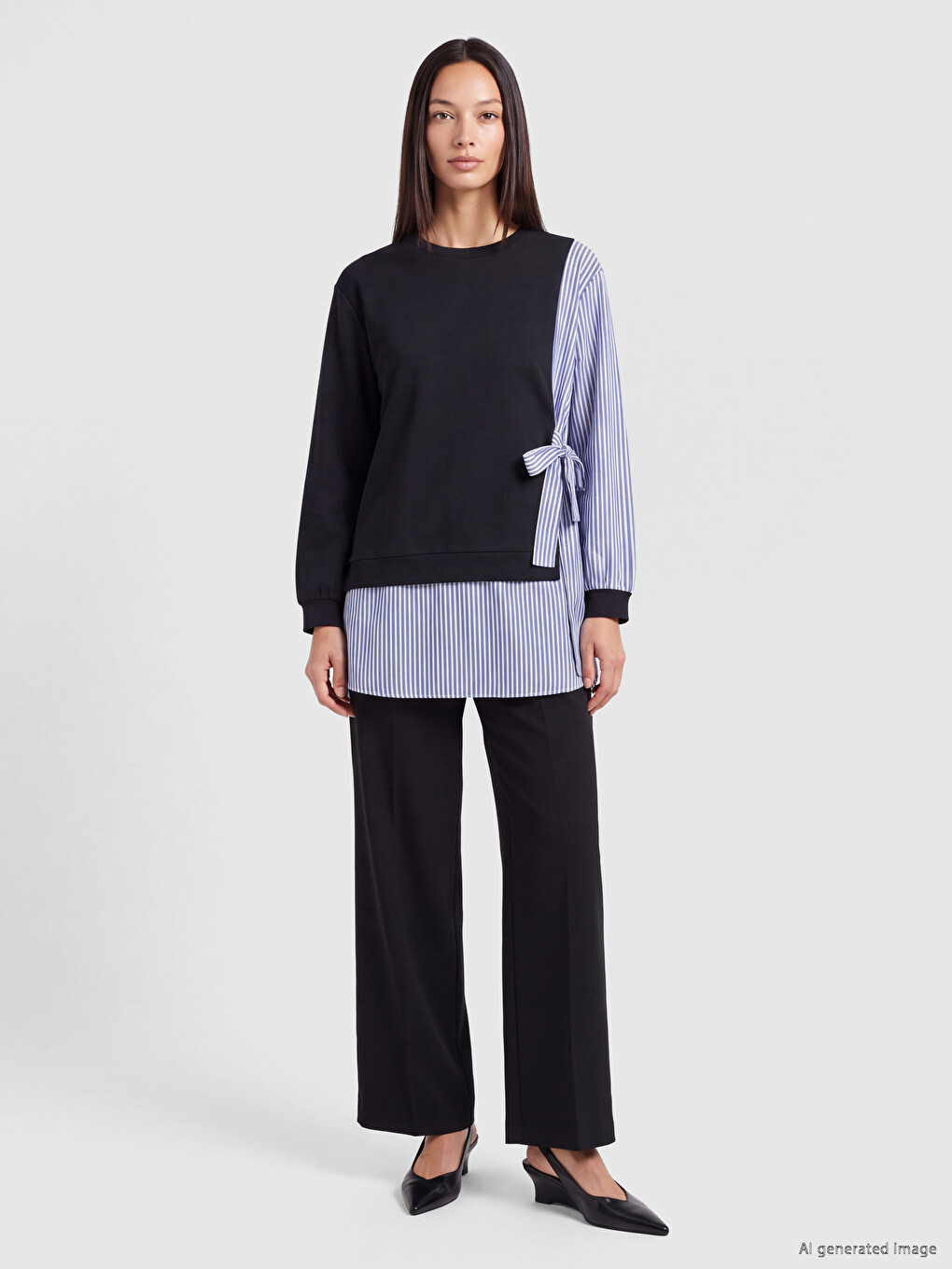 Lacivert Çizgili Kadın Sweatshirt Tunik-1