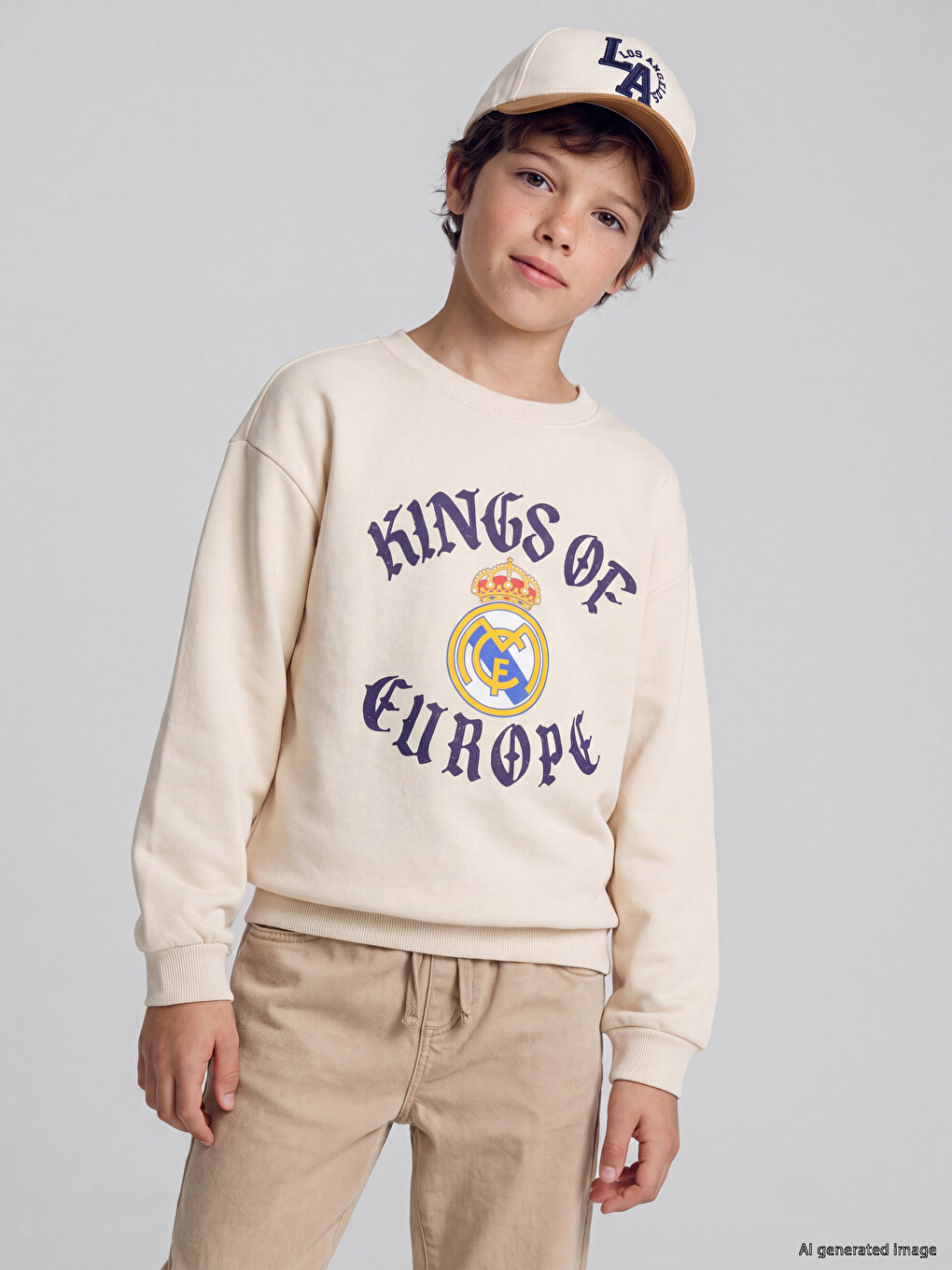 Bej Real Madrid Baskılı Erkek Çocuk Kalın Sweatshirt