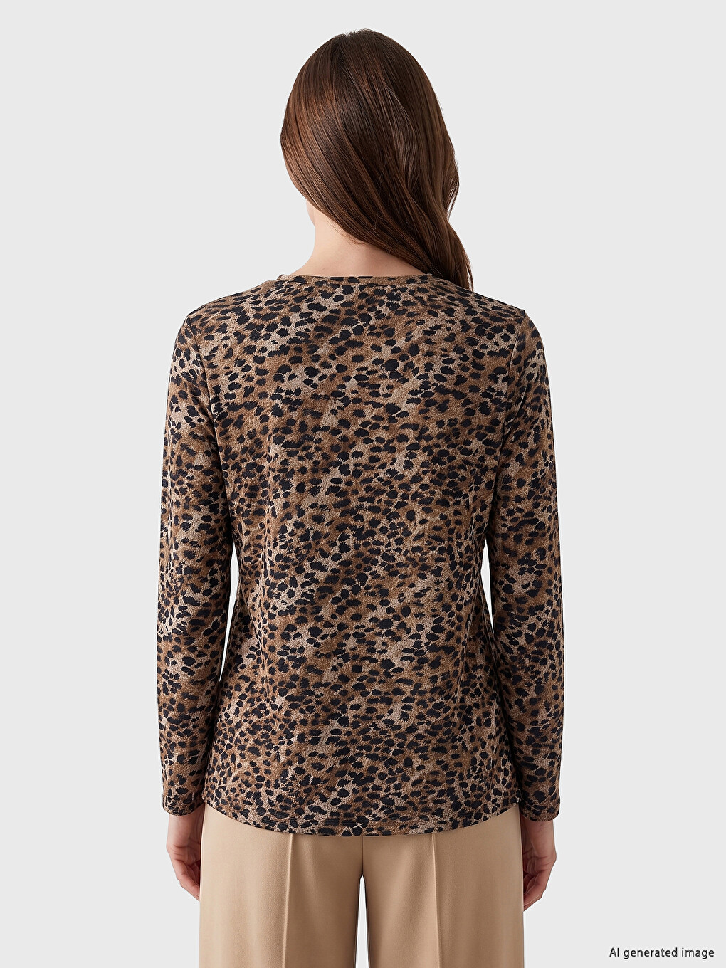 Bej Leopar Desenli Kadın Tişört-3